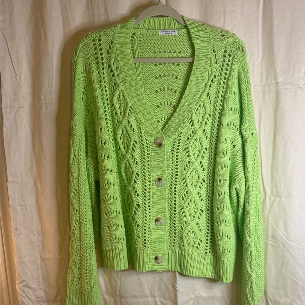 Chic Soul Open-Knit V-Neck Cardigan in Lime